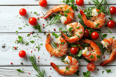 Shrimp Herbs Cherry Tomatoes Rustic White Wood Overhead View Fresh Ingredientsの素材