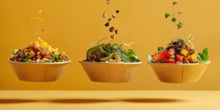 Floating Paper Food Bowls Plant Based Arrachera Playful Artistic Yellow Backgroundの素材