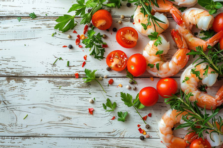 Shrimp Herbs Cherry Tomatoes Rustic White Wood Overhead View Fresh Ingredientsの素材