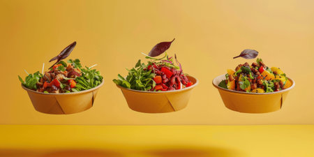 Floating Paper Food Bowls Plant Based Arrachera Playful Artistic Yellow Backgroundの素材