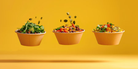 Floating Paper Food Bowls Plant Based Arrachera Playful Artistic Yellow Backgroundの素材