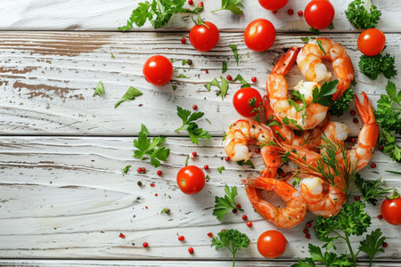 Shrimp Herbs Cherry Tomatoes Rustic White Wood Overhead View Fresh Ingredientsの素材