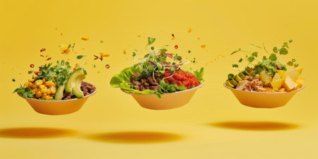 Floating Paper Food Bowls Plant Based Arrachera Playful Artistic Yellow Backgroundの素材