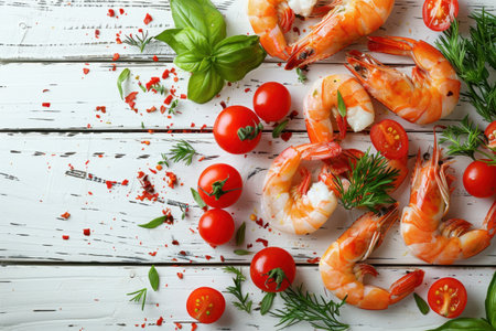 Shrimp Herbs Cherry Tomatoes Rustic White Wood Overhead View Fresh Ingredientsの素材