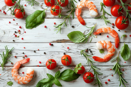 Shrimp Herbs Cherry Tomatoes Rustic White Wood Overhead View Fresh Ingredientsの素材