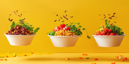 Floating Paper Food Bowls Plant Based Arrachera Playful Artistic Yellow Backgroundの素材