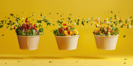 Floating Paper Food Bowls Plant Based Arrachera Playful Artistic Yellow Backgroundの素材