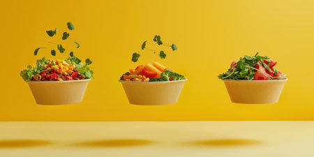 Floating Paper Food Bowls Plant Based Arrachera Playful Artistic Yellow Backgroundの素材