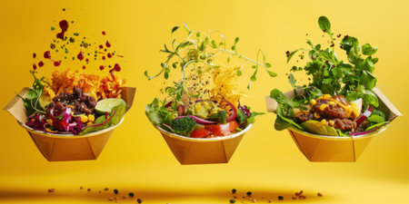 Floating Paper Food Bowls Plant Based Arrachera Playful Artistic Yellow Backgroundの素材