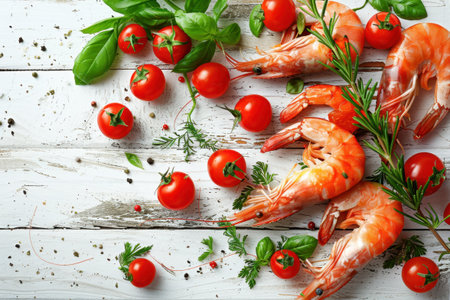 Shrimp Herbs Cherry Tomatoes Rustic White Wood Overhead View Fresh Ingredientsの素材