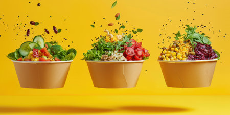 Floating Paper Food Bowls Plant Based Arrachera Playful Artistic Yellow Backgroundの素材