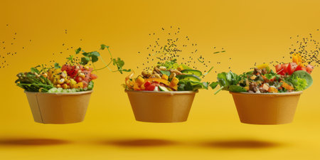Floating Paper Food Bowls Plant Based Arrachera Playful Artistic Yellow Backgroundの素材