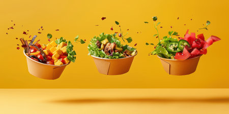 Floating Paper Food Bowls Plant Based Arrachera Playful Artistic Yellow Backgroundの素材