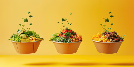 Floating Paper Food Bowls Plant Based Arrachera Playful Artistic Yellow Backgroundの素材