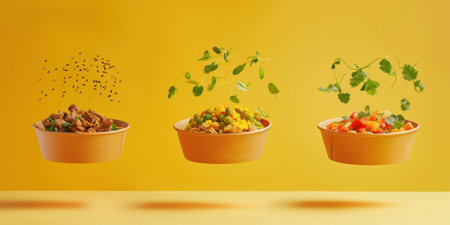 Floating Paper Food Bowls Plant Based Arrachera Playful Artistic Yellow Backgroundの素材