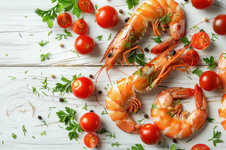 Shrimp Herbs Cherry Tomatoes Rustic White Wood Overhead View Fresh Ingredientsの素材