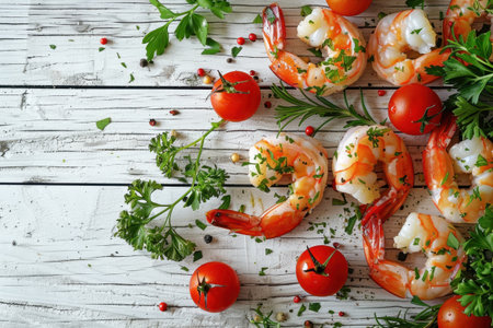 Shrimp Herbs Cherry Tomatoes Rustic White Wood Overhead View Fresh Ingredientsの素材