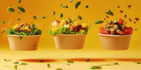 Floating Paper Food Bowls Plant Based Arrachera Playful Artistic Yellow Backgroundの素材