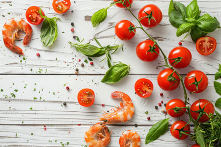Shrimp Herbs Cherry Tomatoes Rustic White Wood Overhead View Fresh Ingredientsの素材