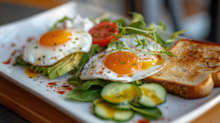 Over Easy Eggs Avocado Spinach Toast Greek Yogurt Cucumber Breakfastの素材