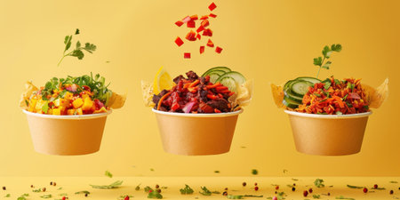 Floating Paper Food Bowls Plant Based Arrachera Playful Artistic Yellow Backgroundの素材