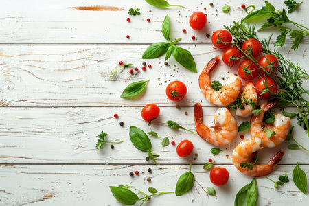 Shrimp Herbs Cherry Tomatoes Rustic White Wood Overhead View Fresh Ingredientsの素材