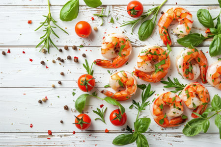 Shrimp Herbs Cherry Tomatoes Rustic White Wood Overhead View Fresh Ingredientsの素材