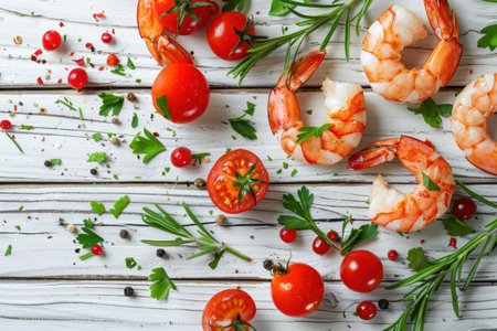 Shrimp Herbs Cherry Tomatoes Rustic White Wood Overhead View Fresh Ingredientsの素材