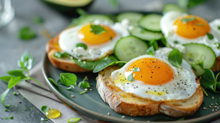 Over Easy Eggs Avocado Spinach Toast Greek Yogurt Cucumber Breakfastの素材