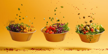 Floating Paper Food Bowls Plant Based Arrachera Playful Artistic Yellow Backgroundの素材