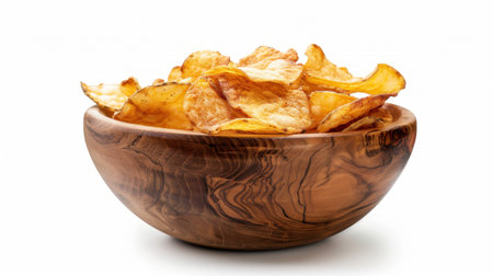Crispy Potato Chips Fried Wooden Bowl Isolated White Backgroundの素材