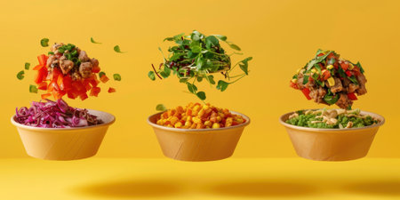 Floating Paper Food Bowls Plant Based Arrachera Playful Artistic Yellow Backgroundの素材