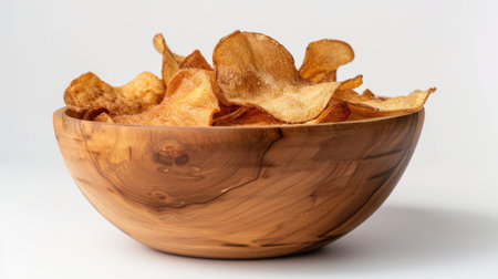 Crispy Potato Chips Fried Wooden Bowl Isolated White Backgroundの素材