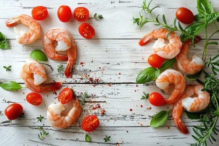 Shrimp Herbs Cherry Tomatoes Rustic White Wood Overhead View Fresh Ingredientsの素材
