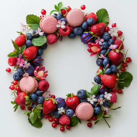 Wreath Strawberries Blueberries Raspberries Macaroons White Backgroundの素材