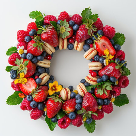 Wreath Strawberries Blueberries Raspberries Macaroons White Backgroundの素材