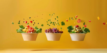 Floating Paper Food Bowls Plant Based Arrachera Playful Artistic Yellow Backgroundの素材