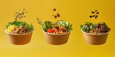 Floating Paper Food Bowls Plant Based Arrachera Playful Artistic Yellow Backgroundの素材