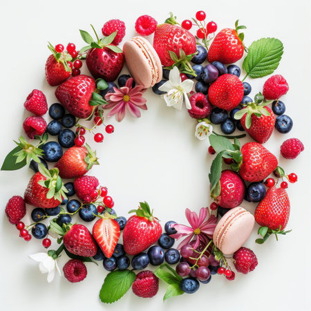 Wreath Strawberries Blueberries Raspberries Macaroons White Backgroundの素材
