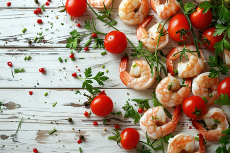Shrimp Herbs Cherry Tomatoes Rustic White Wood Overhead View Fresh Ingredientsの素材