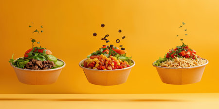 Floating Paper Food Bowls Plant Based Arrachera Playful Artistic Yellow Backgroundの素材