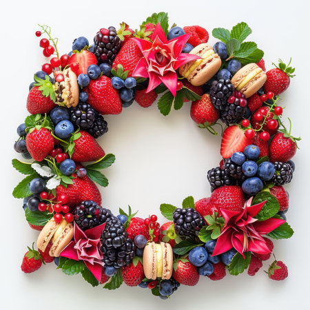 Wreath Strawberries Blueberries Raspberries Macaroons White Backgroundの素材