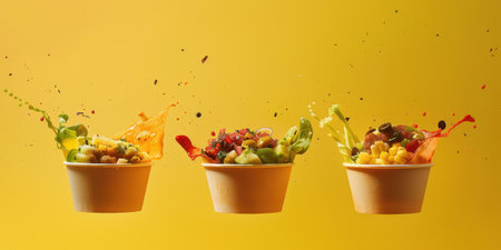 Floating Paper Food Bowls Plant Based Arrachera Playful Artistic Yellow Backgroundの素材