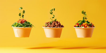 Floating Paper Food Bowls Plant Based Arrachera Playful Artistic Yellow Backgroundの素材