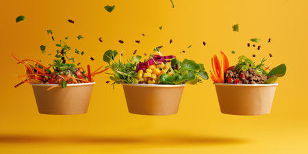 Floating Paper Food Bowls Plant Based Arrachera Playful Artistic Yellow Backgroundの素材