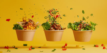Floating Paper Food Bowls Plant Based Arrachera Playful Artistic Yellow Backgroundの素材