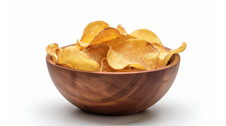 Crispy Potato Chips Fried Wooden Bowl Isolated White Backgroundの素材