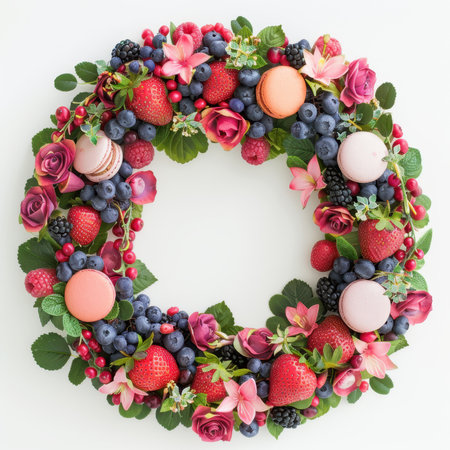 Wreath Strawberries Blueberries Raspberries Macaroons White Backgroundの素材
