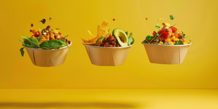 Floating Paper Food Bowls Plant Based Arrachera Playful Artistic Yellow Backgroundの素材