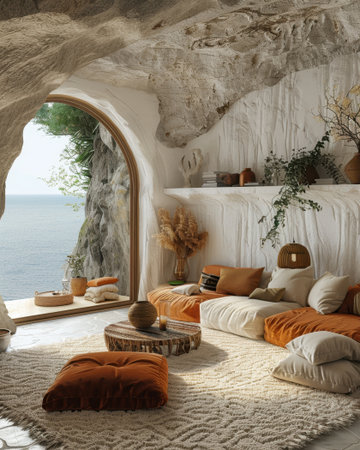 Large Room Mediterranean Organic Forms Sustainable Style Greenery Interior Home Design Earthyの素材
